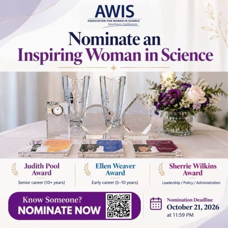 AWIS Northern California award nomination poster - Nominate an Inspiring Woman in Science. Judith Pool Award (senior career), Ellen Weaver Award (early career), Sherrie Wilkins Award (leadership/policy/administration). Nomination deadline October 21, 2026 at 11:59 PM.